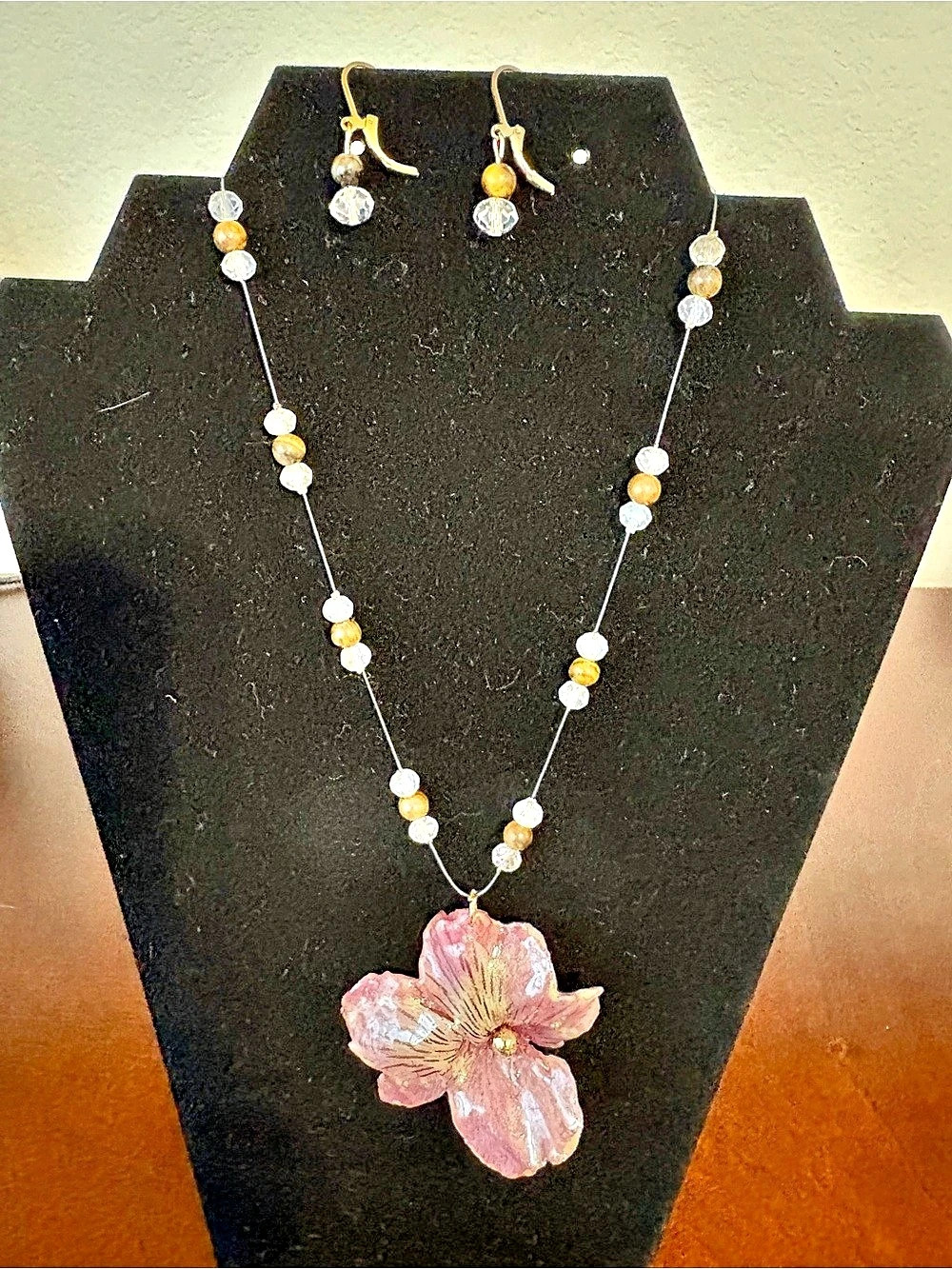 Floral Pink Pendant Necklace & Earrings
